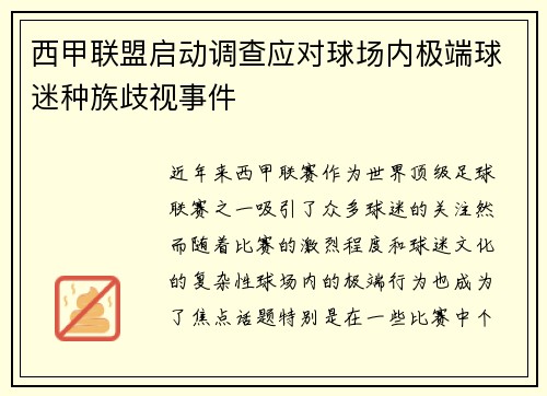 西甲联盟启动调查应对球场内极端球迷种族歧视事件